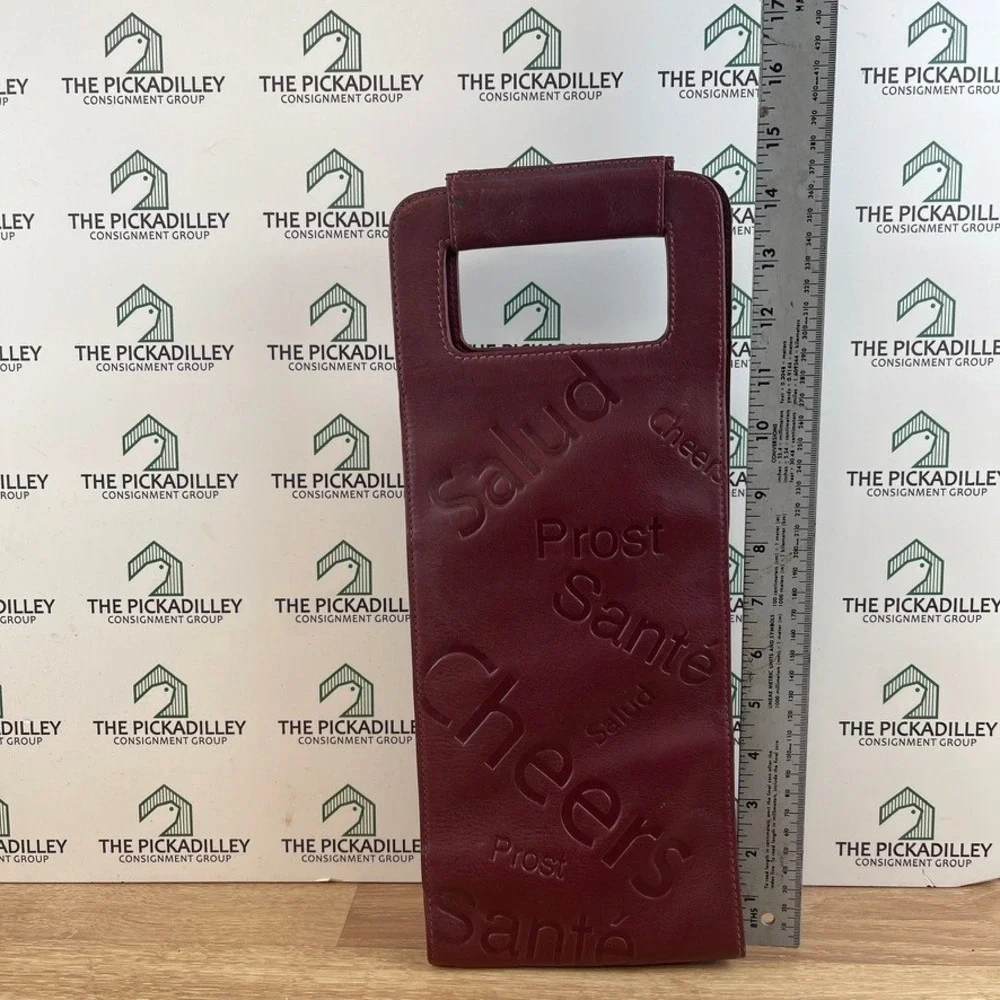 Burgundy Leather Wine Bottle Carrier Embossed Multilingual Cheers Bag Toast